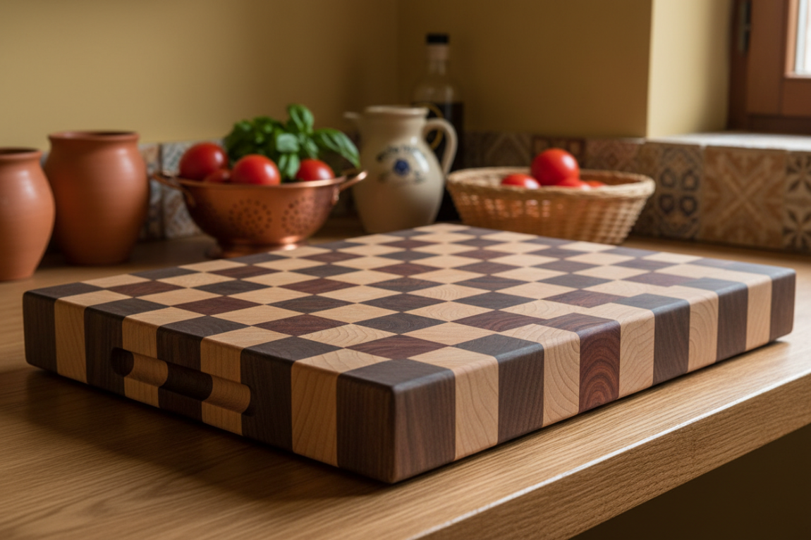 sideview of an end grain thick cutting board on a kitchen counter